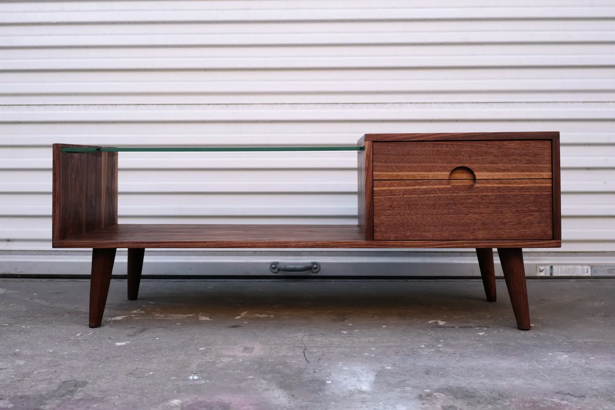 Front view of a walnut coffee table