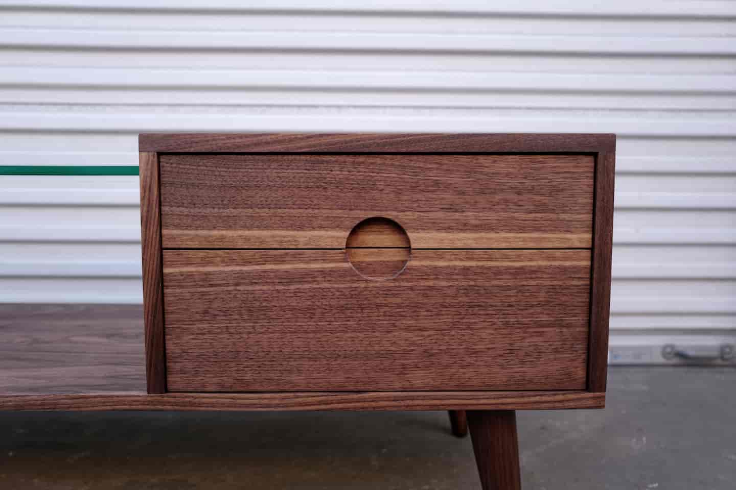 Drawer detail of walnut coffee table